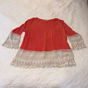 Coral Lace Trim Women's blouse Top made in the USA costal day trip beachy shirt